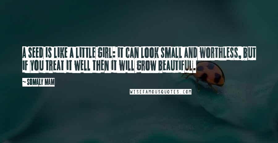 Somaly Mam Quotes: A seed is like a little girl: it can look small and worthless, but if you treat it well then it will grow beautiful.