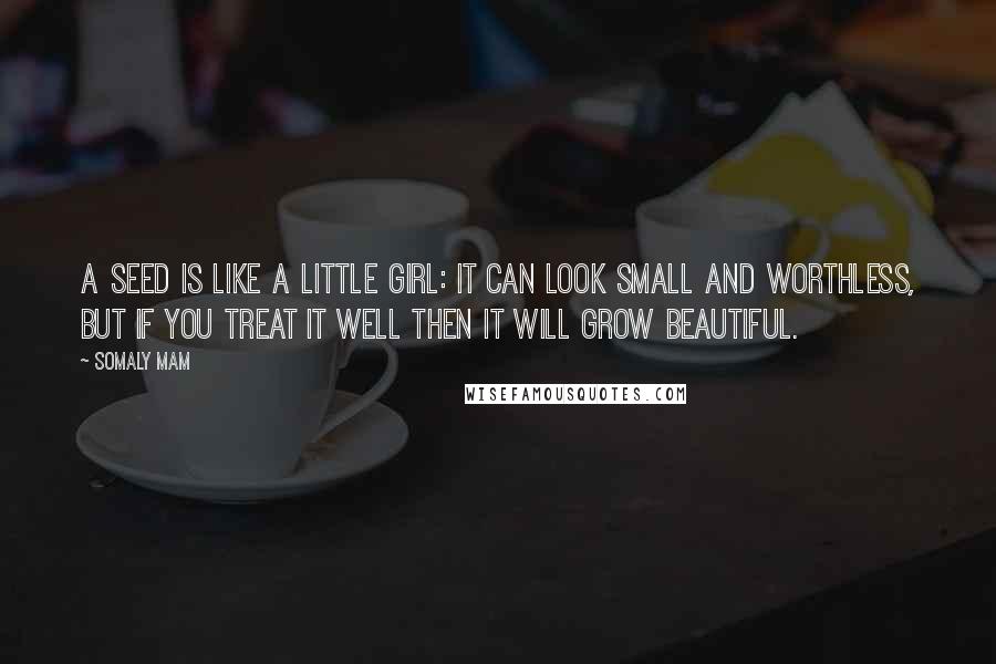 Somaly Mam Quotes: A seed is like a little girl: it can look small and worthless, but if you treat it well then it will grow beautiful.