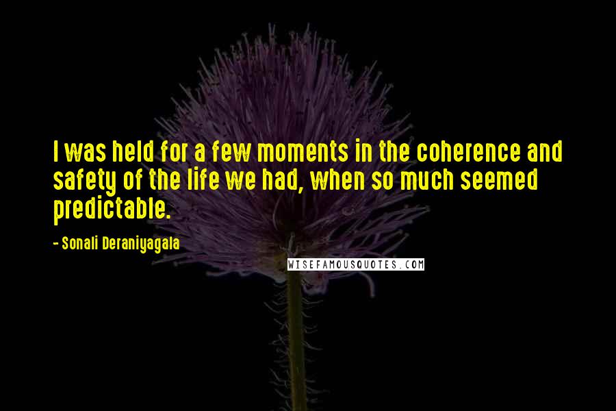 Sonali Deraniyagala Quotes: I was held for a few moments in the coherence and safety of the life we had, when so much seemed predictable.