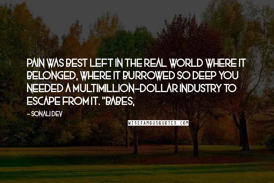 Sonali Dev Quotes: Pain was best left in the real world where it belonged, where it burrowed so deep you needed a multimillion-dollar industry to escape from it. "Babes,