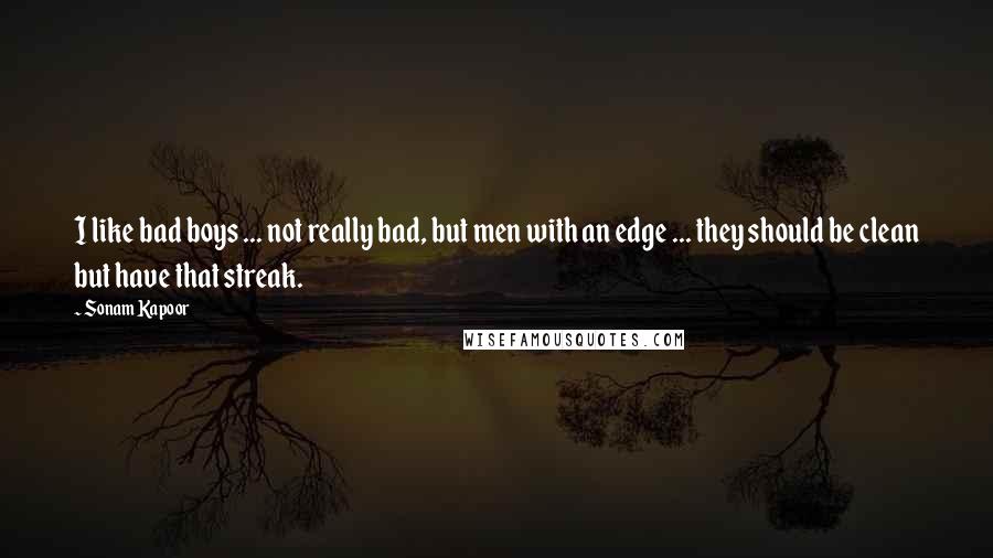 Sonam Kapoor Quotes: I like bad boys ... not really bad, but men with an edge ... they should be clean but have that streak.