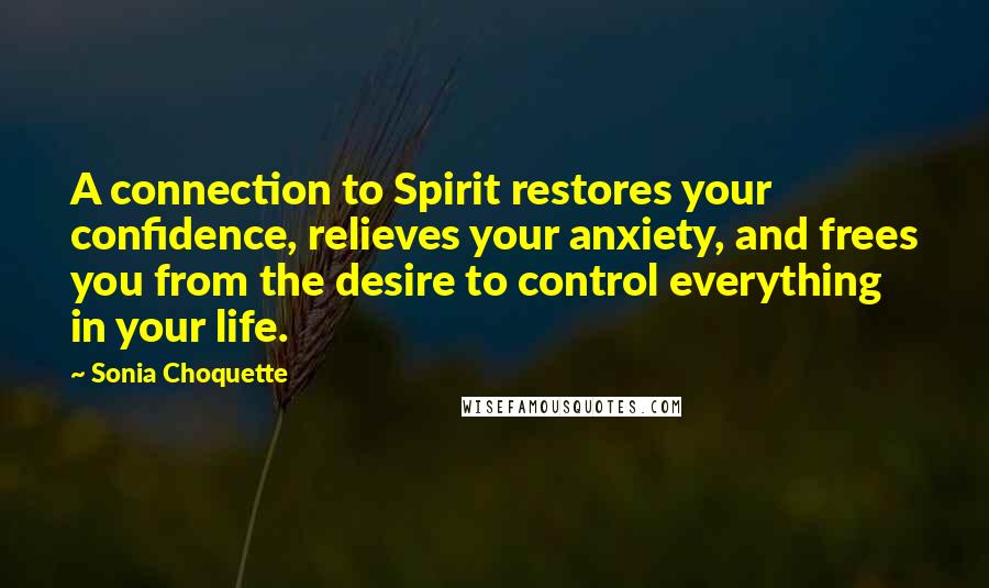 Sonia Choquette Quotes: A connection to Spirit restores your confidence, relieves your anxiety, and frees you from the desire to control everything in your life.