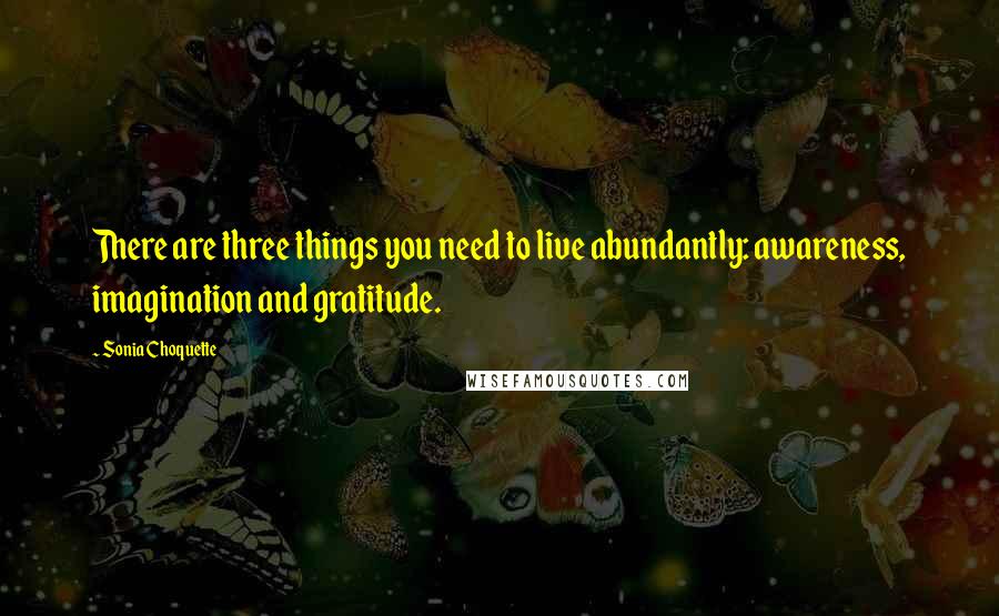 Sonia Choquette Quotes: There are three things you need to live abundantly: awareness, imagination and gratitude.