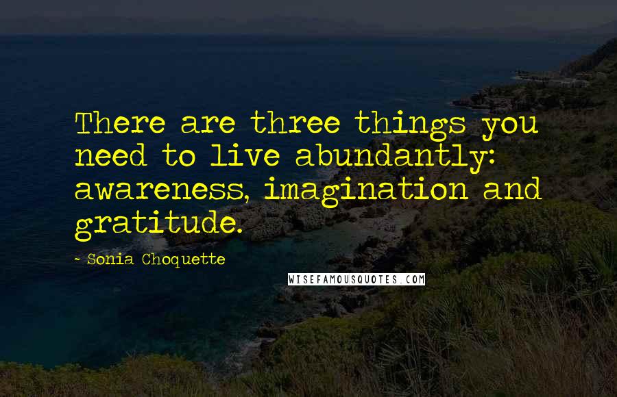 Sonia Choquette Quotes: There are three things you need to live abundantly: awareness, imagination and gratitude.