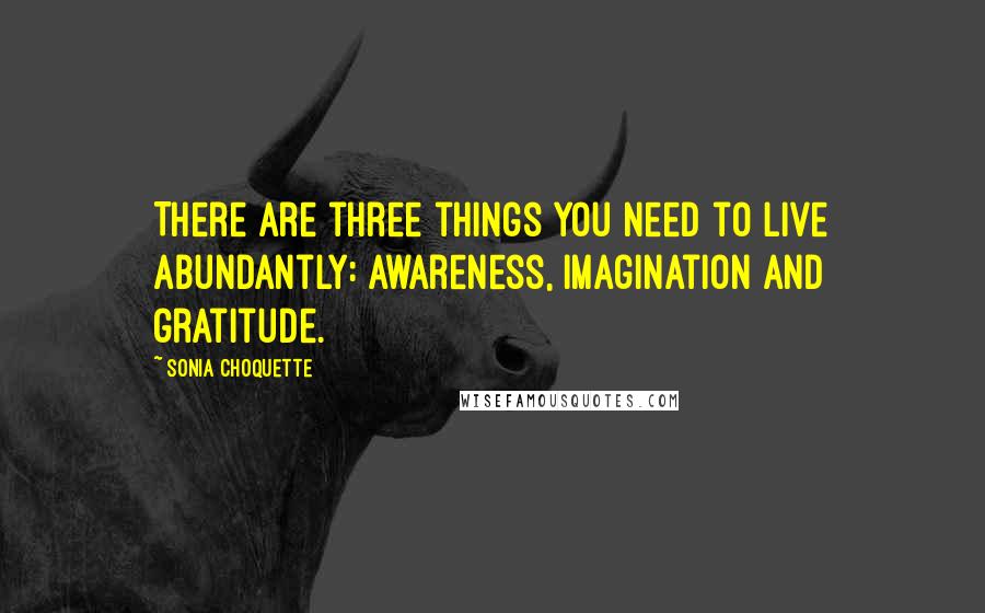 Sonia Choquette Quotes: There are three things you need to live abundantly: awareness, imagination and gratitude.