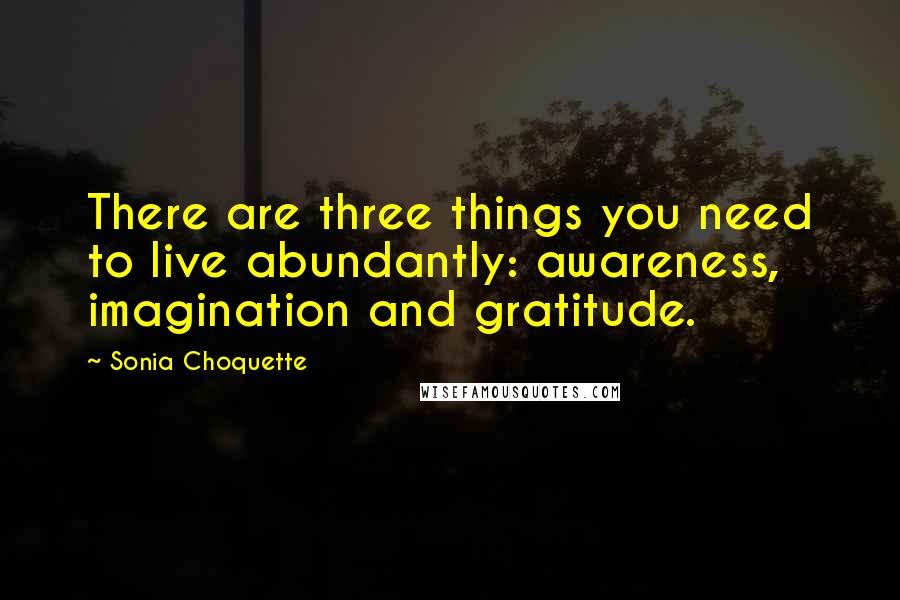 Sonia Choquette Quotes: There are three things you need to live abundantly: awareness, imagination and gratitude.