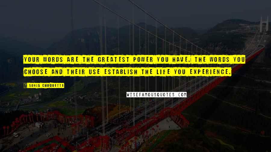 Sonia Choquette Quotes: Your words are the greatest power you have. The words you choose and their use establish the life you experience.