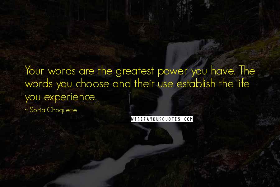 Sonia Choquette Quotes: Your words are the greatest power you have. The words you choose and their use establish the life you experience.