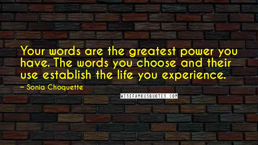 Sonia Choquette Quotes: Your words are the greatest power you have. The words you choose and their use establish the life you experience.