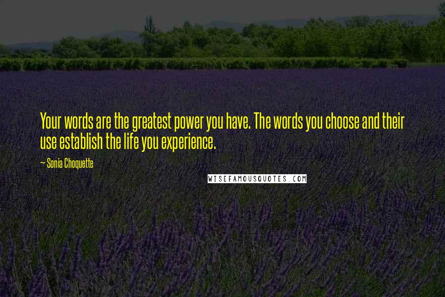 Sonia Choquette Quotes: Your words are the greatest power you have. The words you choose and their use establish the life you experience.