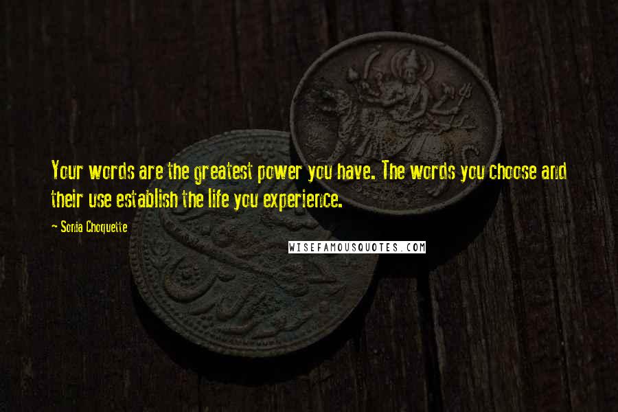 Sonia Choquette Quotes: Your words are the greatest power you have. The words you choose and their use establish the life you experience.