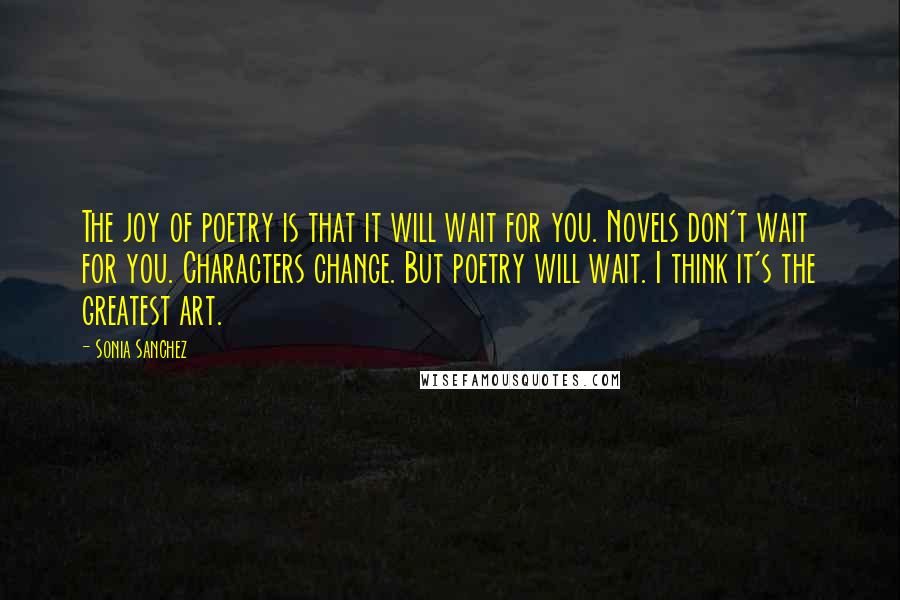 Sonia Sanchez Quotes: The joy of poetry is that it will wait for you. Novels don't wait for you. Characters change. But poetry will wait. I think it's the greatest art.