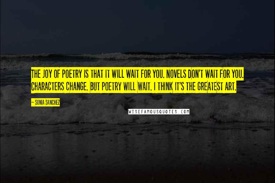 Sonia Sanchez Quotes: The joy of poetry is that it will wait for you. Novels don't wait for you. Characters change. But poetry will wait. I think it's the greatest art.