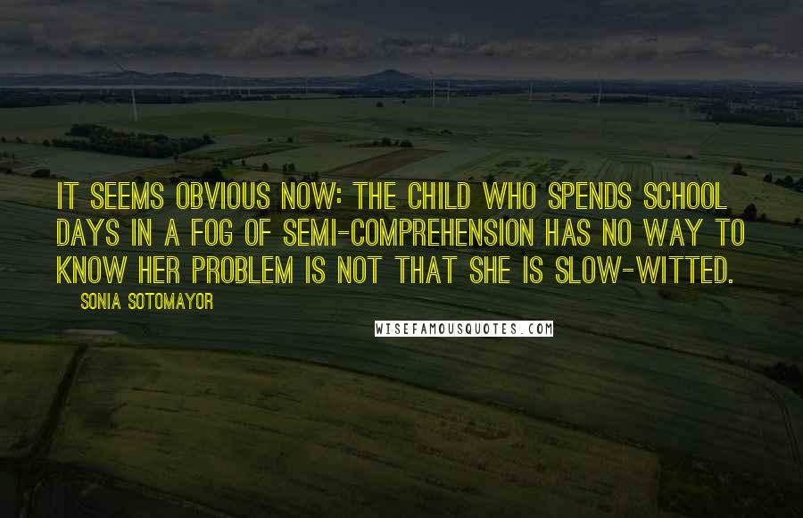 Sonia Sotomayor Quotes: It seems obvious now: the child who spends school days in a fog of semi-comprehension has no way to know her problem is not that she is slow-witted.