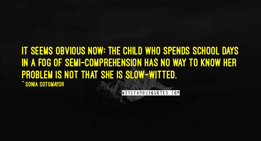 Sonia Sotomayor Quotes: It seems obvious now: the child who spends school days in a fog of semi-comprehension has no way to know her problem is not that she is slow-witted.
