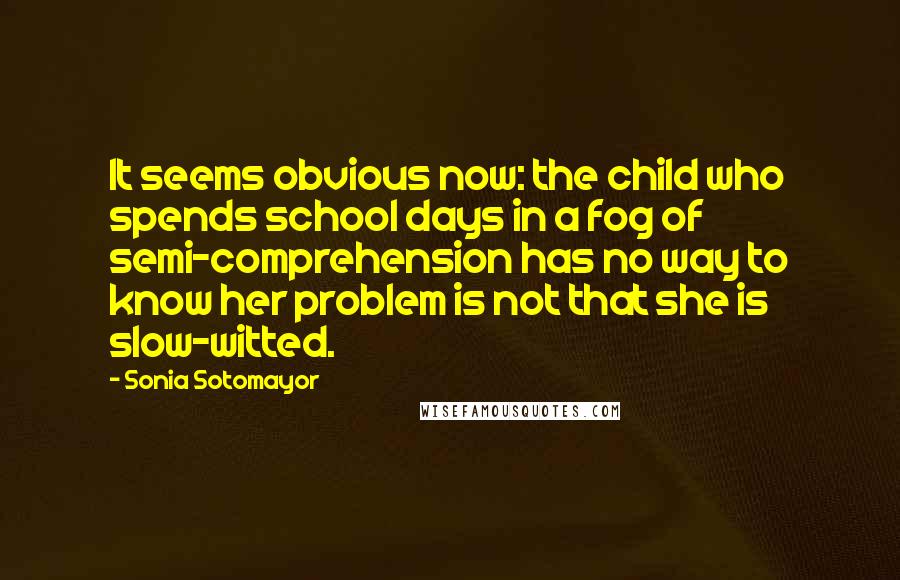 Sonia Sotomayor Quotes: It seems obvious now: the child who spends school days in a fog of semi-comprehension has no way to know her problem is not that she is slow-witted.