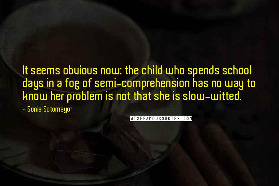 Sonia Sotomayor Quotes: It seems obvious now: the child who spends school days in a fog of semi-comprehension has no way to know her problem is not that she is slow-witted.