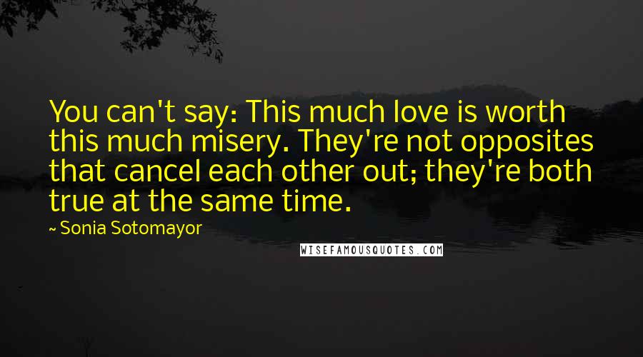 Sonia Sotomayor Quotes: You can't say: This much love is worth this much misery. They're not opposites that cancel each other out; they're both true at the same time.