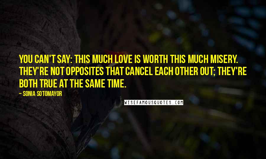 Sonia Sotomayor Quotes: You can't say: This much love is worth this much misery. They're not opposites that cancel each other out; they're both true at the same time.