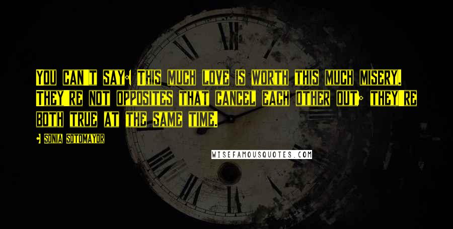 Sonia Sotomayor Quotes: You can't say: This much love is worth this much misery. They're not opposites that cancel each other out; they're both true at the same time.