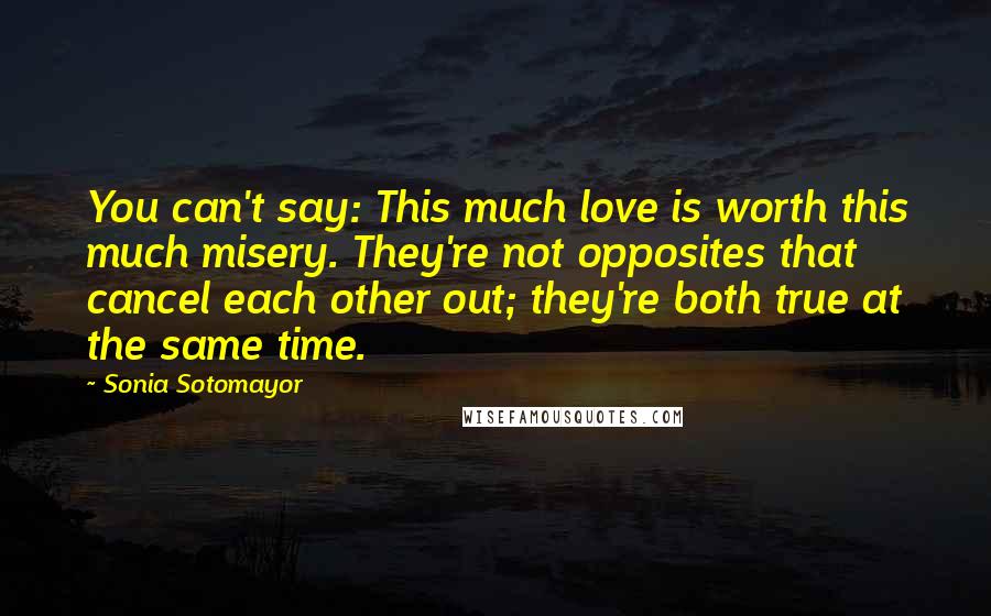 Sonia Sotomayor Quotes: You can't say: This much love is worth this much misery. They're not opposites that cancel each other out; they're both true at the same time.
