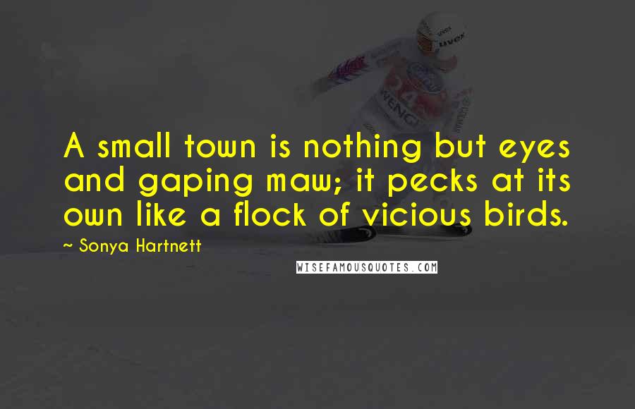 Sonya Hartnett Quotes: A small town is nothing but eyes and gaping maw; it pecks at its own like a flock of vicious birds.