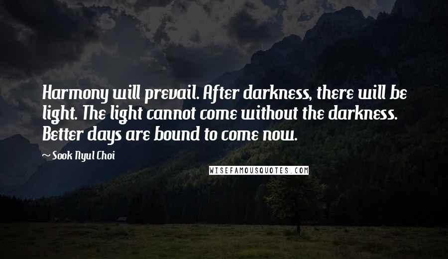 Sook Nyul Choi Quotes: Harmony will prevail. After darkness, there will be light. The light cannot come without the darkness. Better days are bound to come now.