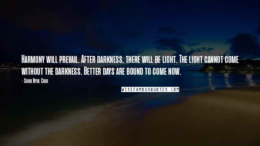 Sook Nyul Choi Quotes: Harmony will prevail. After darkness, there will be light. The light cannot come without the darkness. Better days are bound to come now.