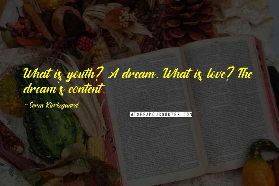 Soren Kierkegaard Quotes: What is youth? A dream. What is love? The dream's content.