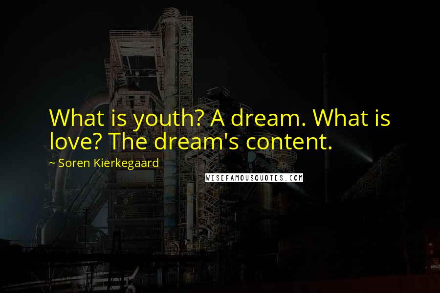 Soren Kierkegaard Quotes: What is youth? A dream. What is love? The dream's content.