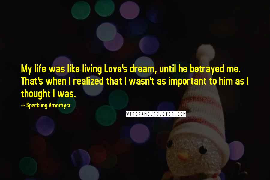 Sparkling Amethyst Quotes: My life was like living Love's dream, until he betrayed me. That's when I realized that I wasn't as important to him as I thought I was.