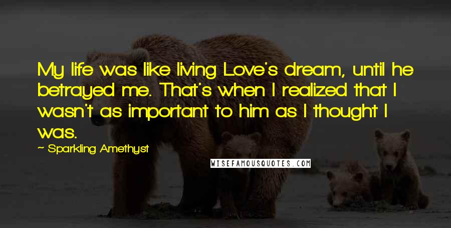 Sparkling Amethyst Quotes: My life was like living Love's dream, until he betrayed me. That's when I realized that I wasn't as important to him as I thought I was.