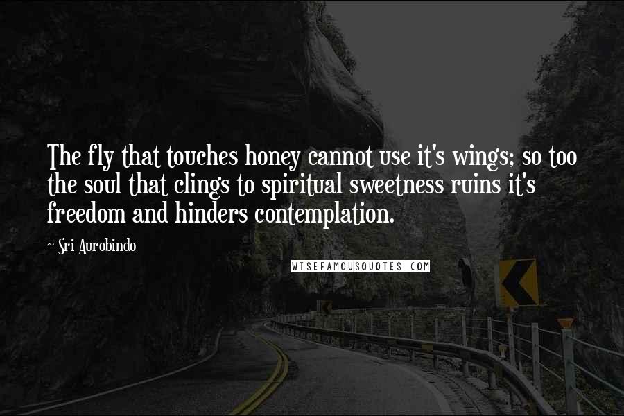 Sri Aurobindo Quotes: The fly that touches honey cannot use it's wings; so too the soul that clings to spiritual sweetness ruins it's freedom and hinders contemplation.