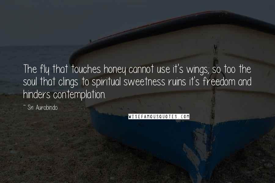 Sri Aurobindo Quotes: The fly that touches honey cannot use it's wings; so too the soul that clings to spiritual sweetness ruins it's freedom and hinders contemplation.