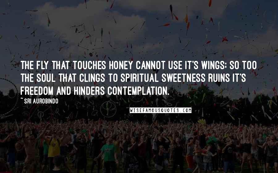 Sri Aurobindo Quotes: The fly that touches honey cannot use it's wings; so too the soul that clings to spiritual sweetness ruins it's freedom and hinders contemplation.