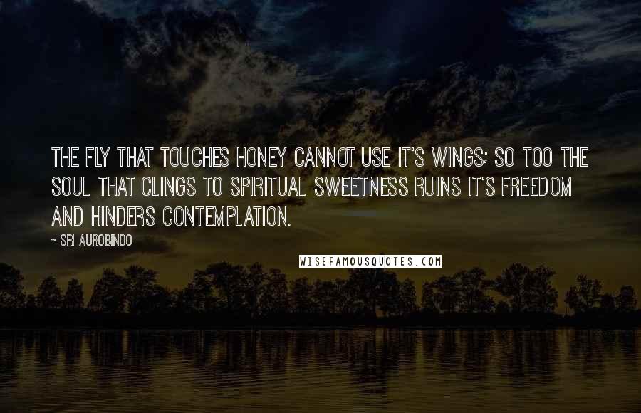 Sri Aurobindo Quotes: The fly that touches honey cannot use it's wings; so too the soul that clings to spiritual sweetness ruins it's freedom and hinders contemplation.