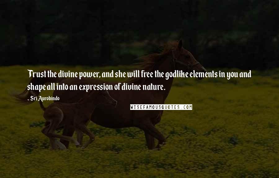 Sri Aurobindo Quotes: Trust the divine power, and she will free the godlike elements in you and shape all into an expression of divine nature.