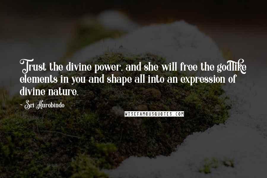 Sri Aurobindo Quotes: Trust the divine power, and she will free the godlike elements in you and shape all into an expression of divine nature.