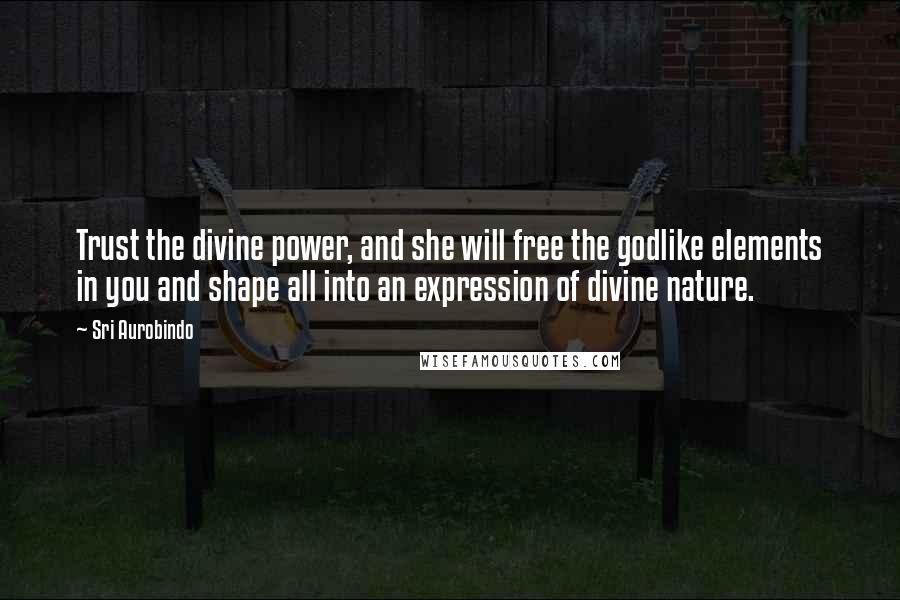 Sri Aurobindo Quotes: Trust the divine power, and she will free the godlike elements in you and shape all into an expression of divine nature.