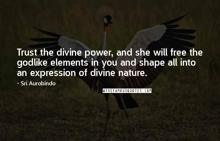 Sri Aurobindo Quotes: Trust the divine power, and she will free the godlike elements in you and shape all into an expression of divine nature.