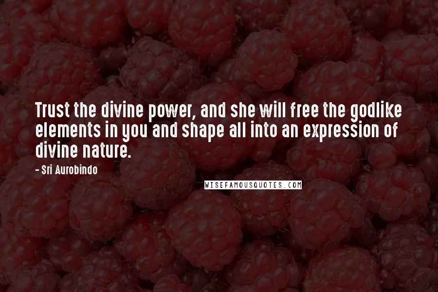 Sri Aurobindo Quotes: Trust the divine power, and she will free the godlike elements in you and shape all into an expression of divine nature.