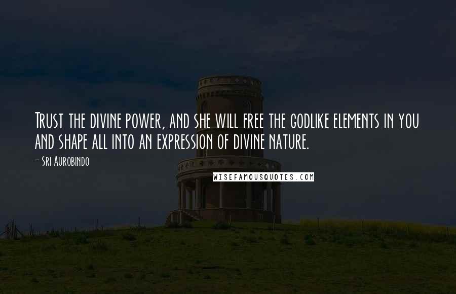 Sri Aurobindo Quotes: Trust the divine power, and she will free the godlike elements in you and shape all into an expression of divine nature.