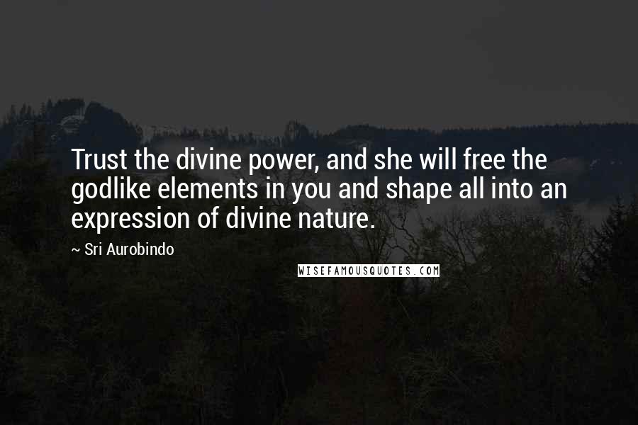 Sri Aurobindo Quotes: Trust the divine power, and she will free the godlike elements in you and shape all into an expression of divine nature.