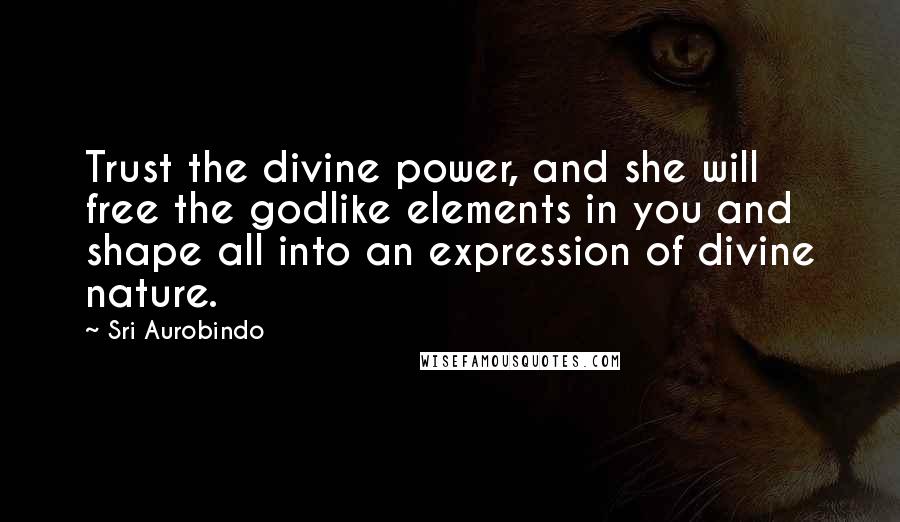 Sri Aurobindo Quotes: Trust the divine power, and she will free the godlike elements in you and shape all into an expression of divine nature.