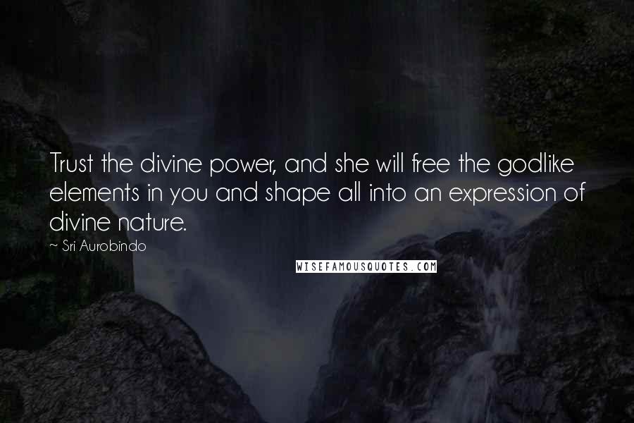 Sri Aurobindo Quotes: Trust the divine power, and she will free the godlike elements in you and shape all into an expression of divine nature.