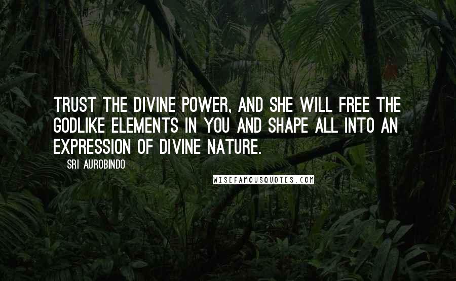 Sri Aurobindo Quotes: Trust the divine power, and she will free the godlike elements in you and shape all into an expression of divine nature.