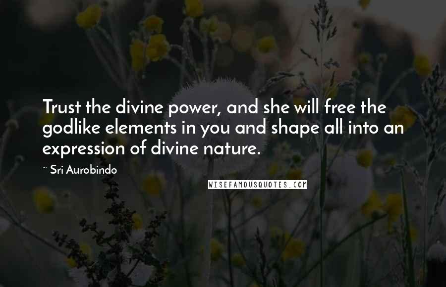 Sri Aurobindo Quotes: Trust the divine power, and she will free the godlike elements in you and shape all into an expression of divine nature.