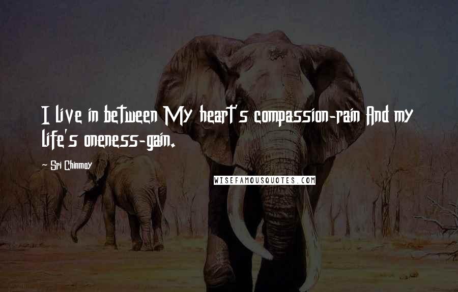 Sri Chinmoy Quotes: I live in between My heart's compassion-rain And my life's oneness-gain.