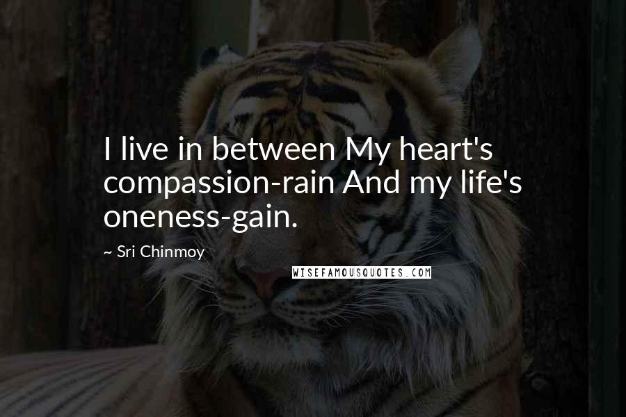 Sri Chinmoy Quotes: I live in between My heart's compassion-rain And my life's oneness-gain.