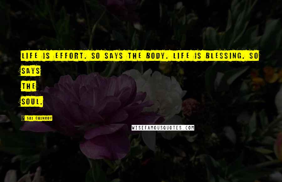 Sri Chinmoy Quotes: Life is effort. So says the body. Life is blessing. So says the soul.